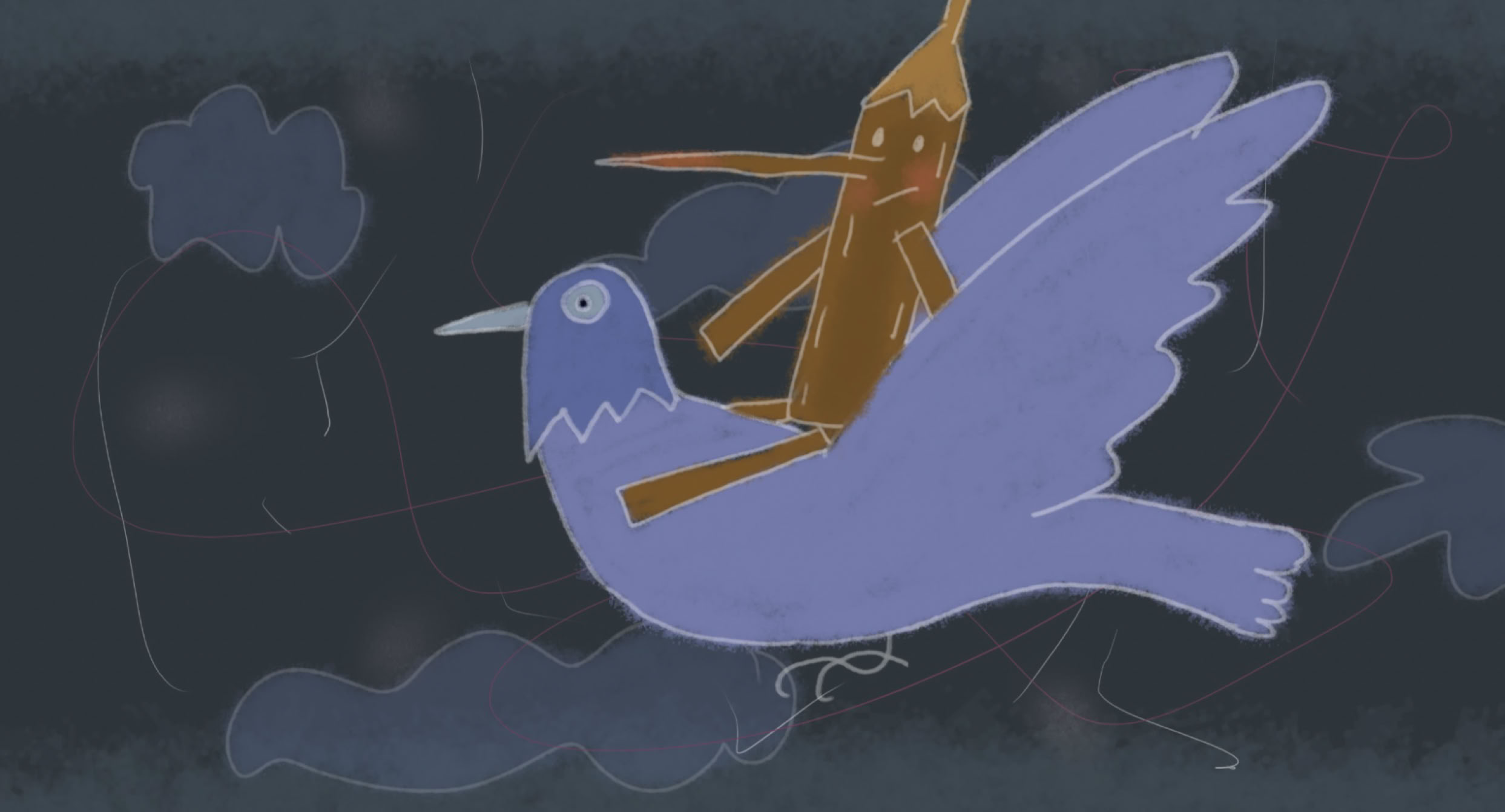 Pinocchio riding on a bird