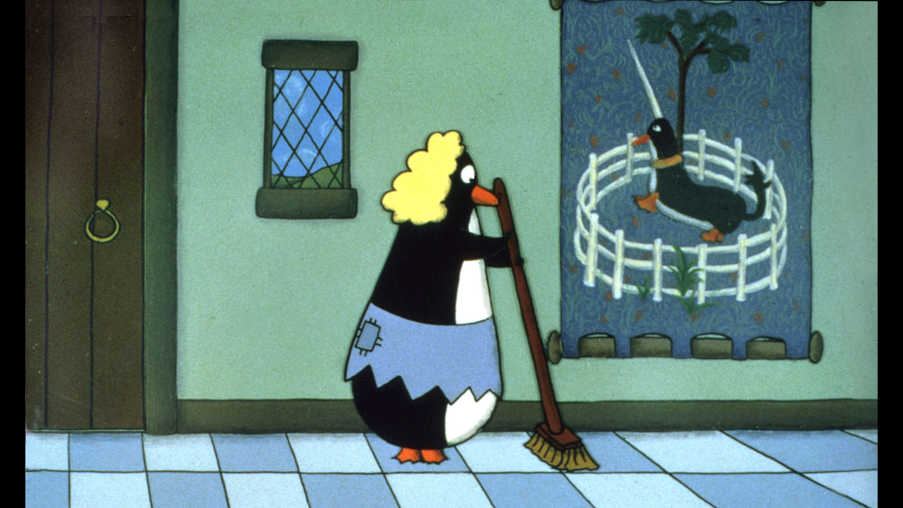 Cinderella Penguin sweeps, from The Tender Tale of Cinderella Penguin