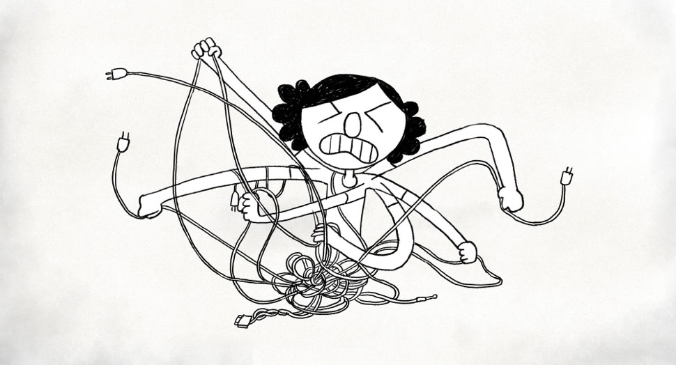 Girl tangling with wires