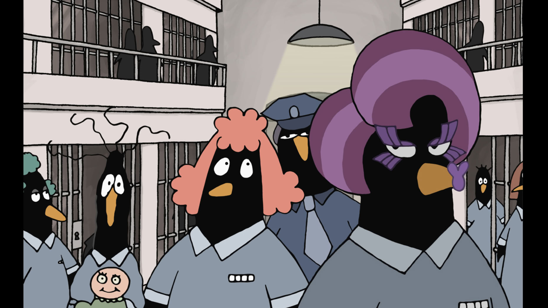 Penguins walking through a penitentiary, from Penguins Behind Bars