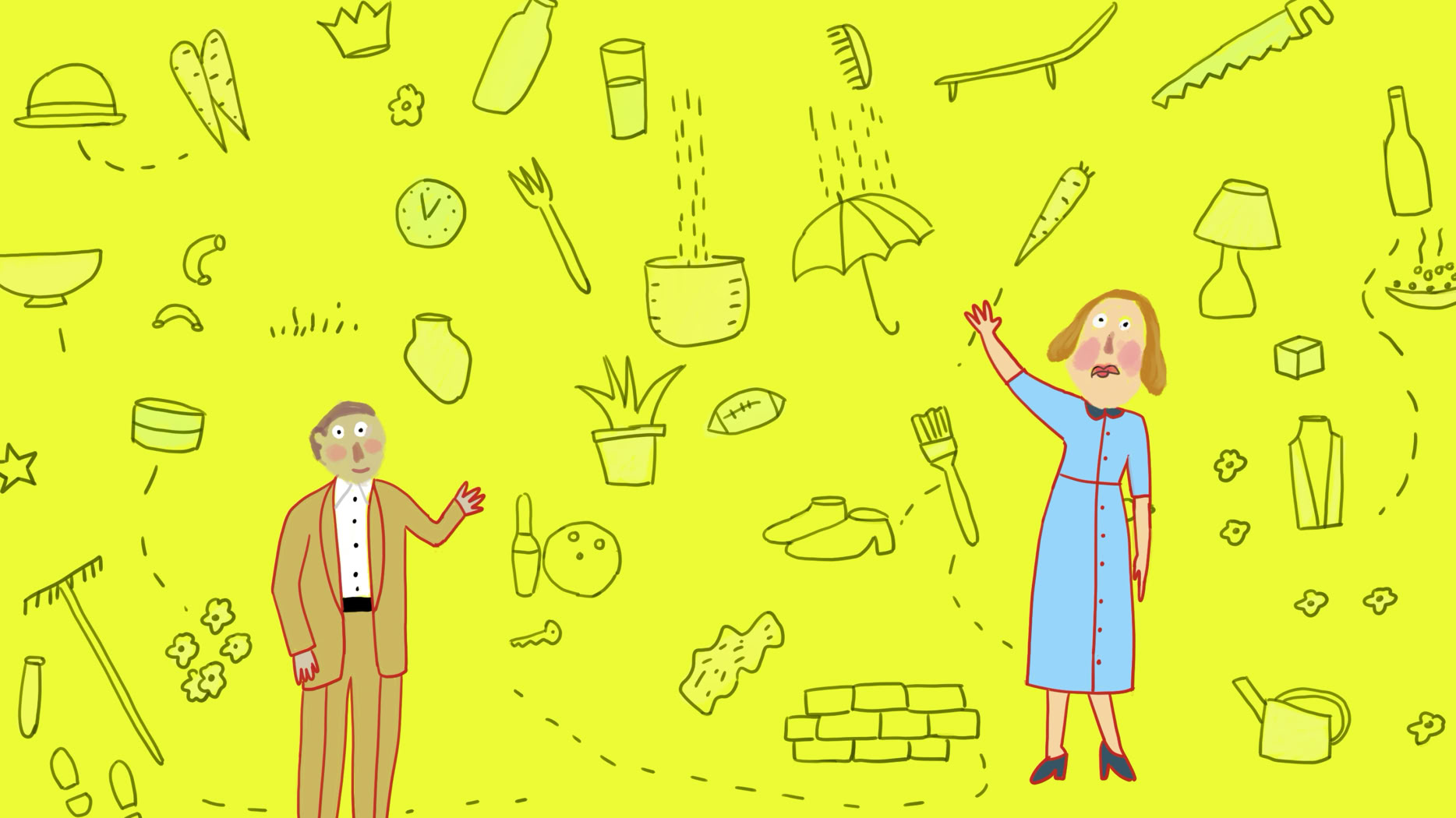 A man and a woman waving at us in a sea of everyday objects, from BeatBox Trailer