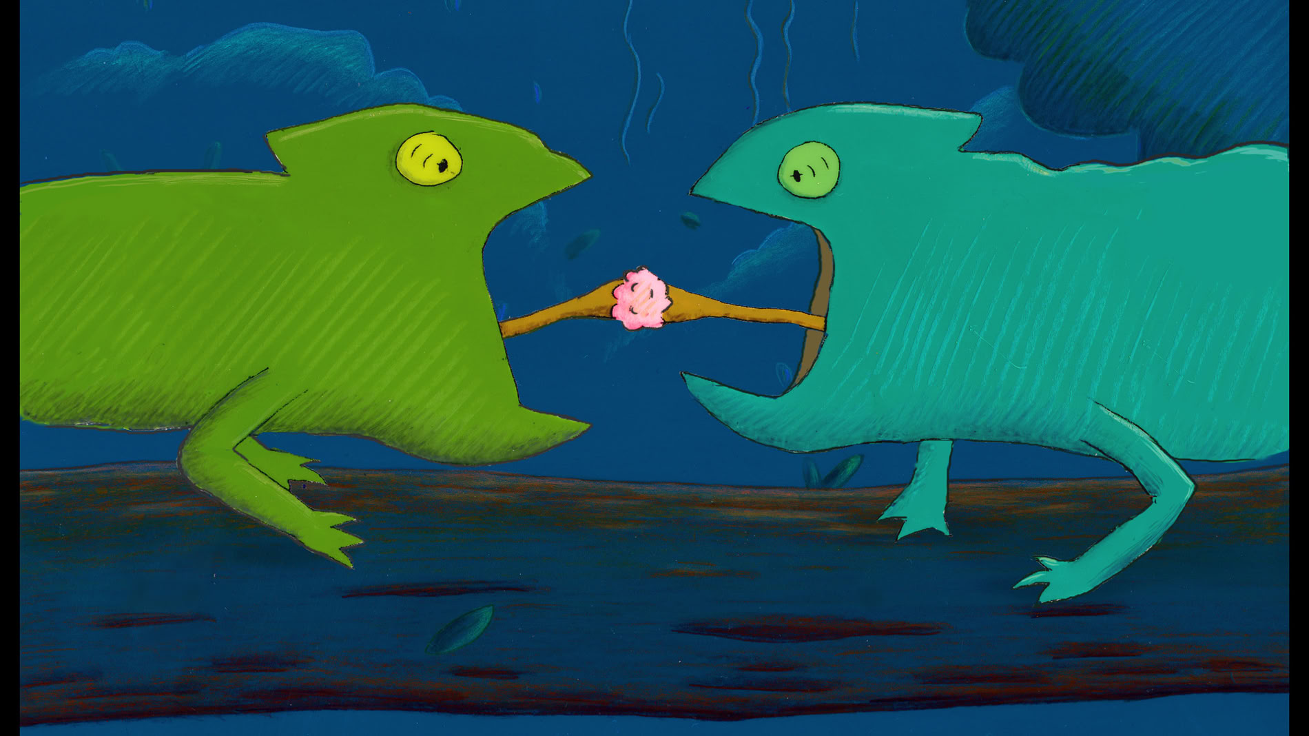 Two chameleons stuck to a bug, from Dinner for Two