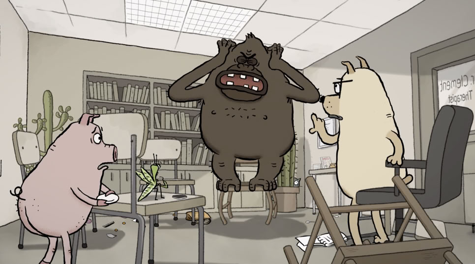 Ranting gorilla with pig and dog