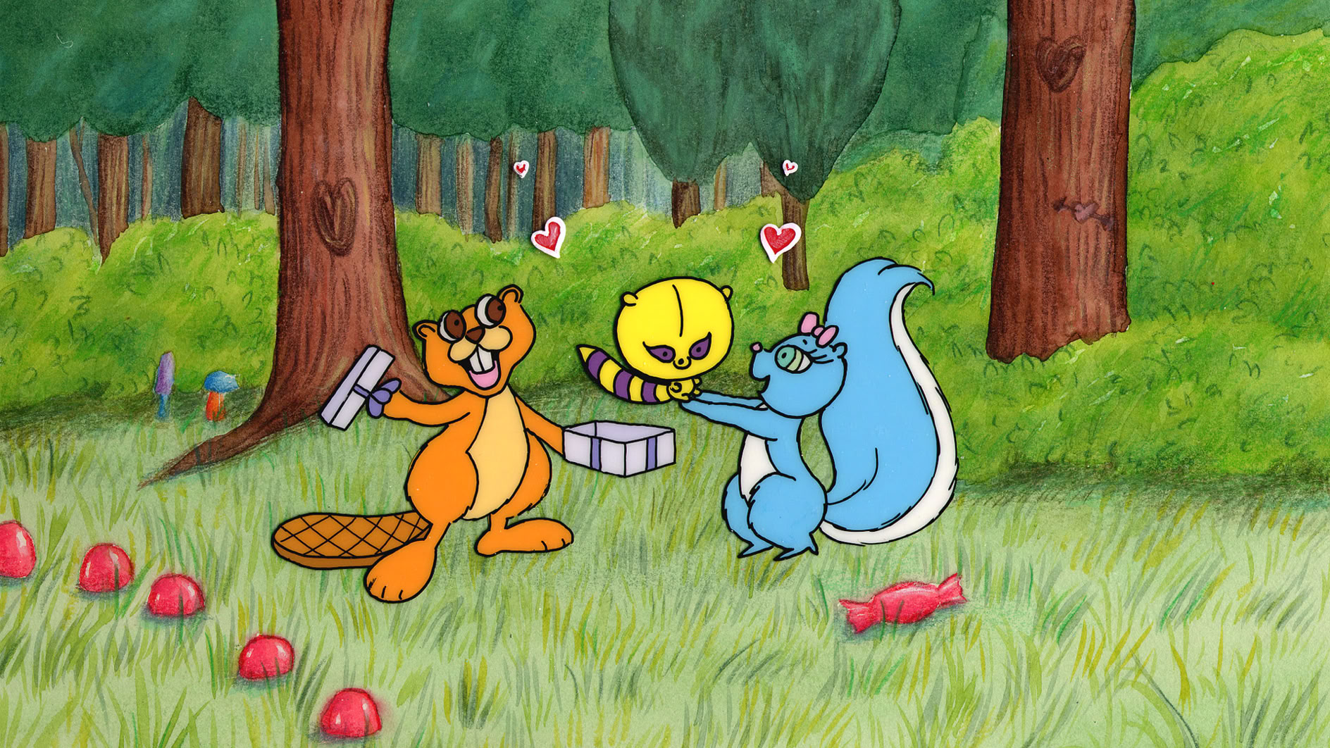 Corny image of a squirrel giving a racoon to a beaver, from My Favorite Things that I Love