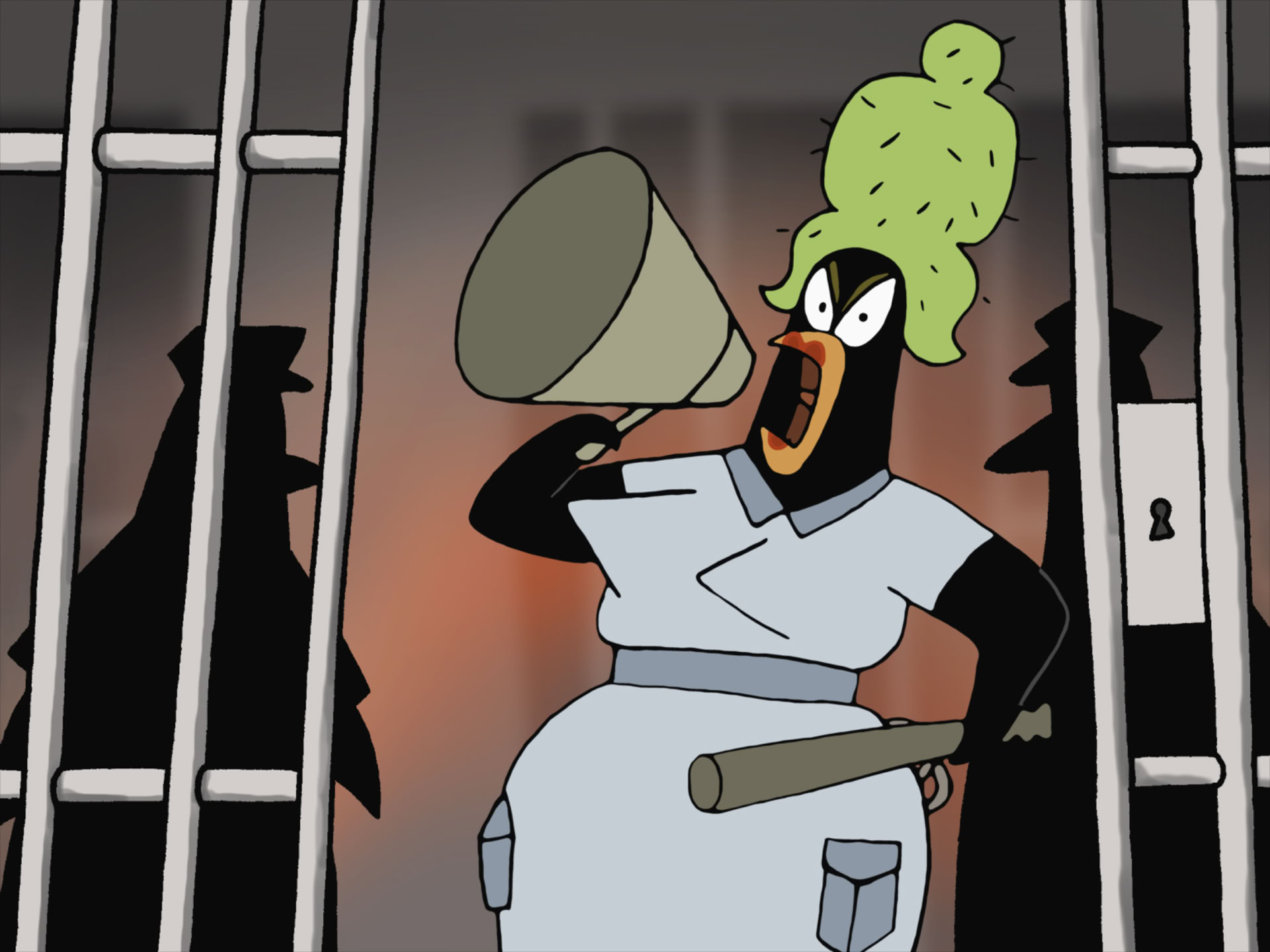 A domineering penguin shouting into a blowhorn