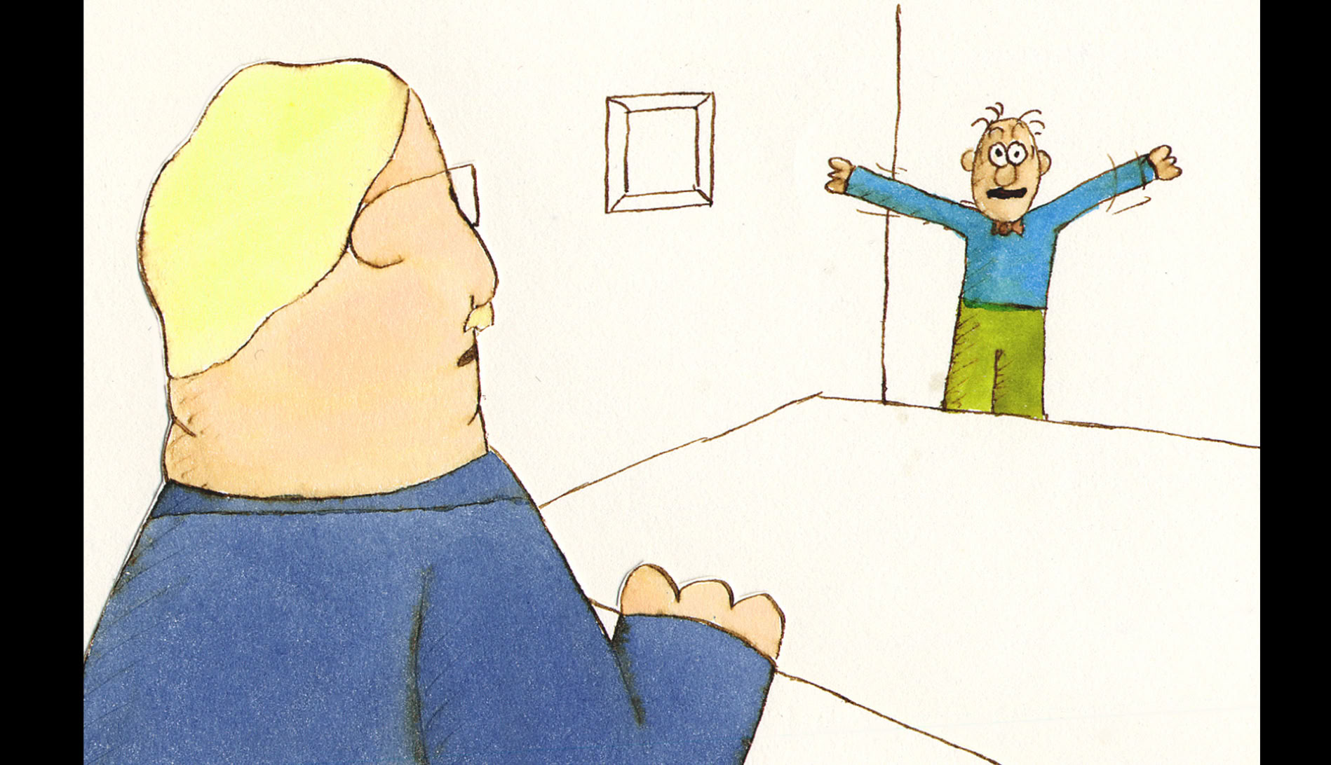 Mr. Spoon waving his arms in front of his doctor, from Why Me?