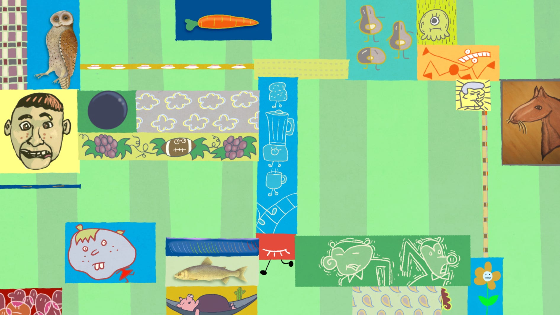 Colourful tiles of disparate random images and characters, from Ottawa Animation Festival Trailer
