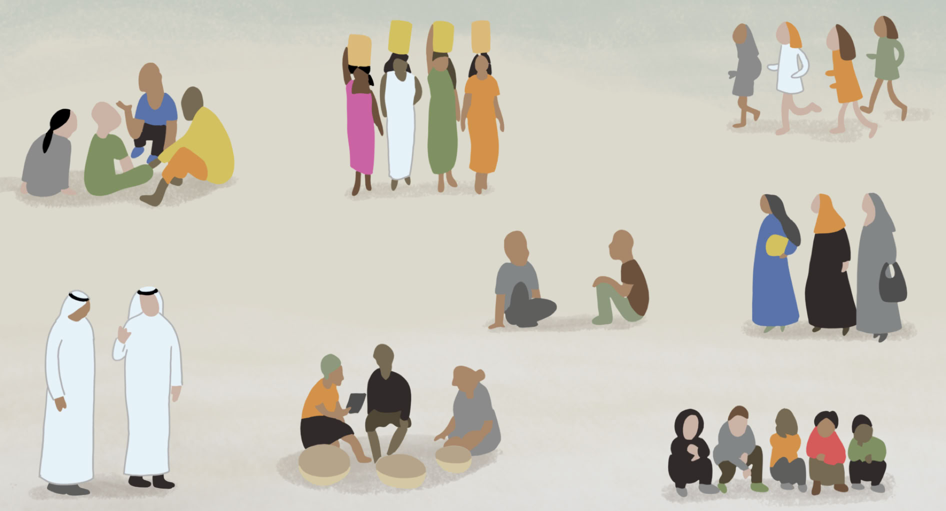 Activities of people of different ages and walks of life in the Middle East, from SQWKBOX