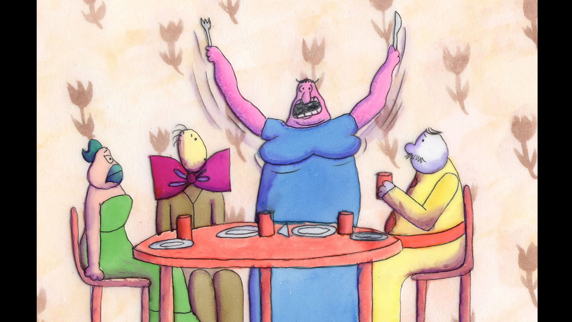 Woman waving her spoons at a dinner party, from Lady Fishbourne's Complete Guide to Better Table Manners