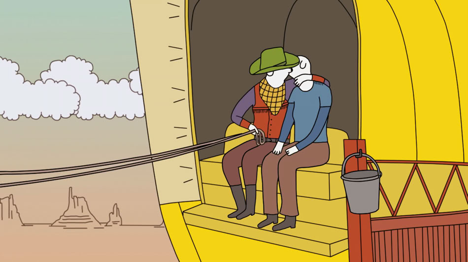 Two girls on a stagecoach kissing